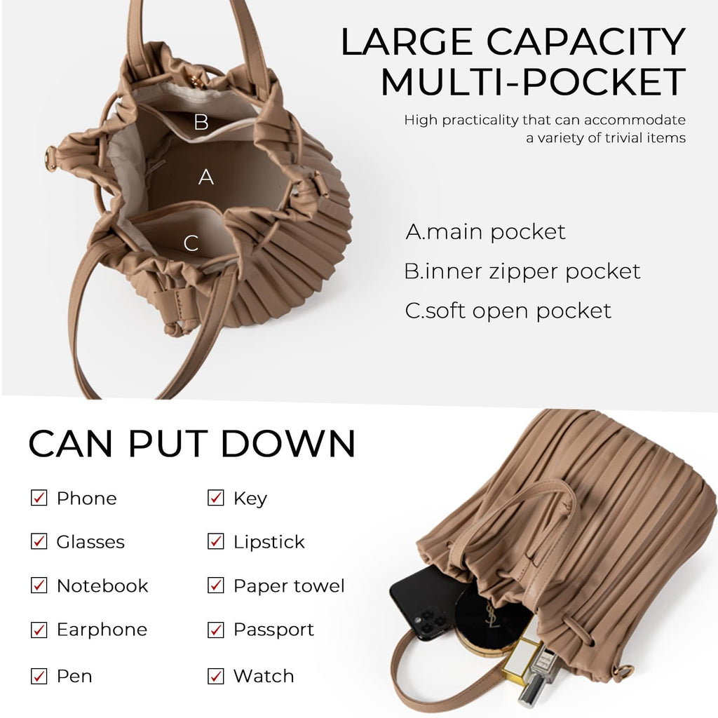 Beige Faux Leather Bucket Bag for Women - Small Crossbody