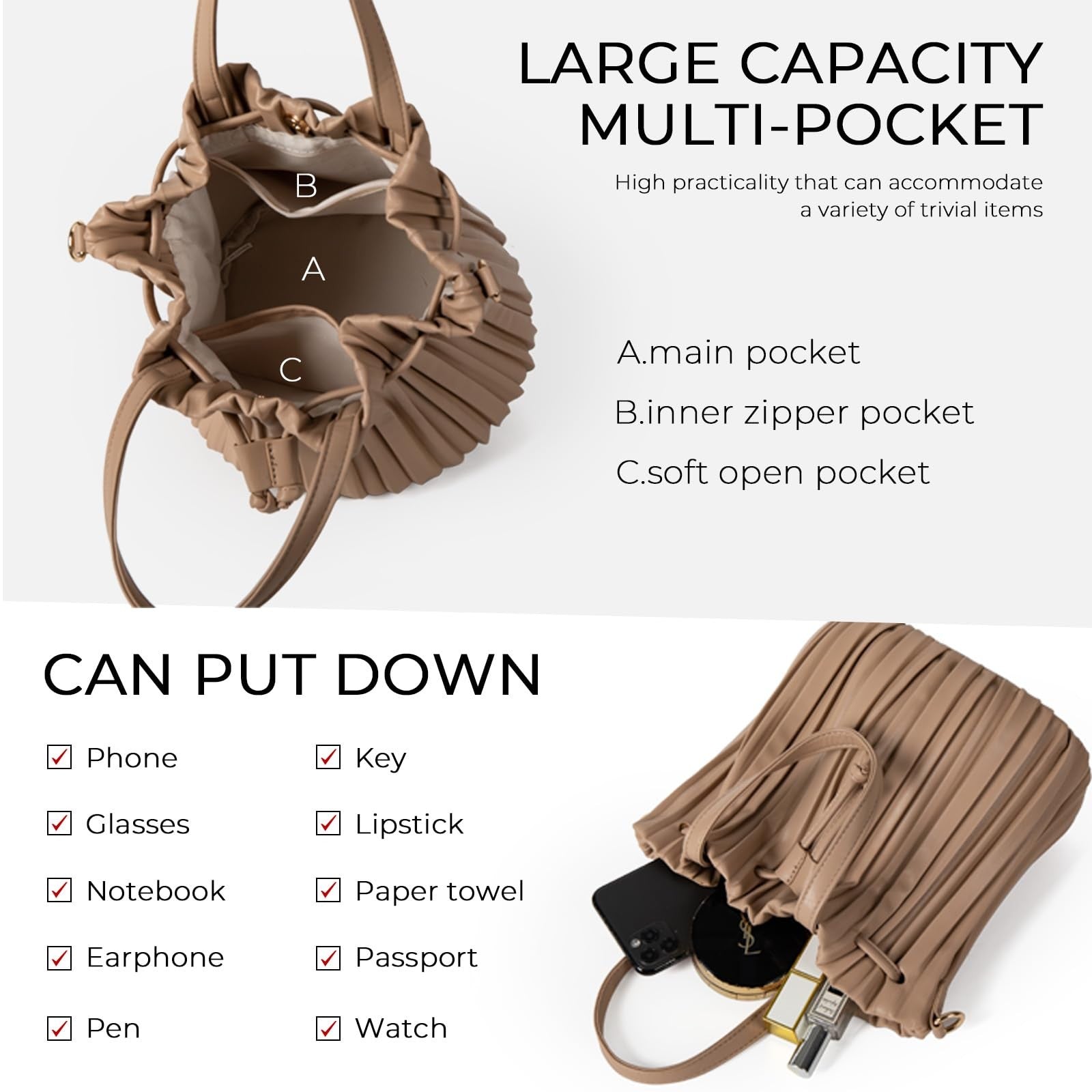Beige Faux Leather Bucket Bag for Women - Small Crossbody