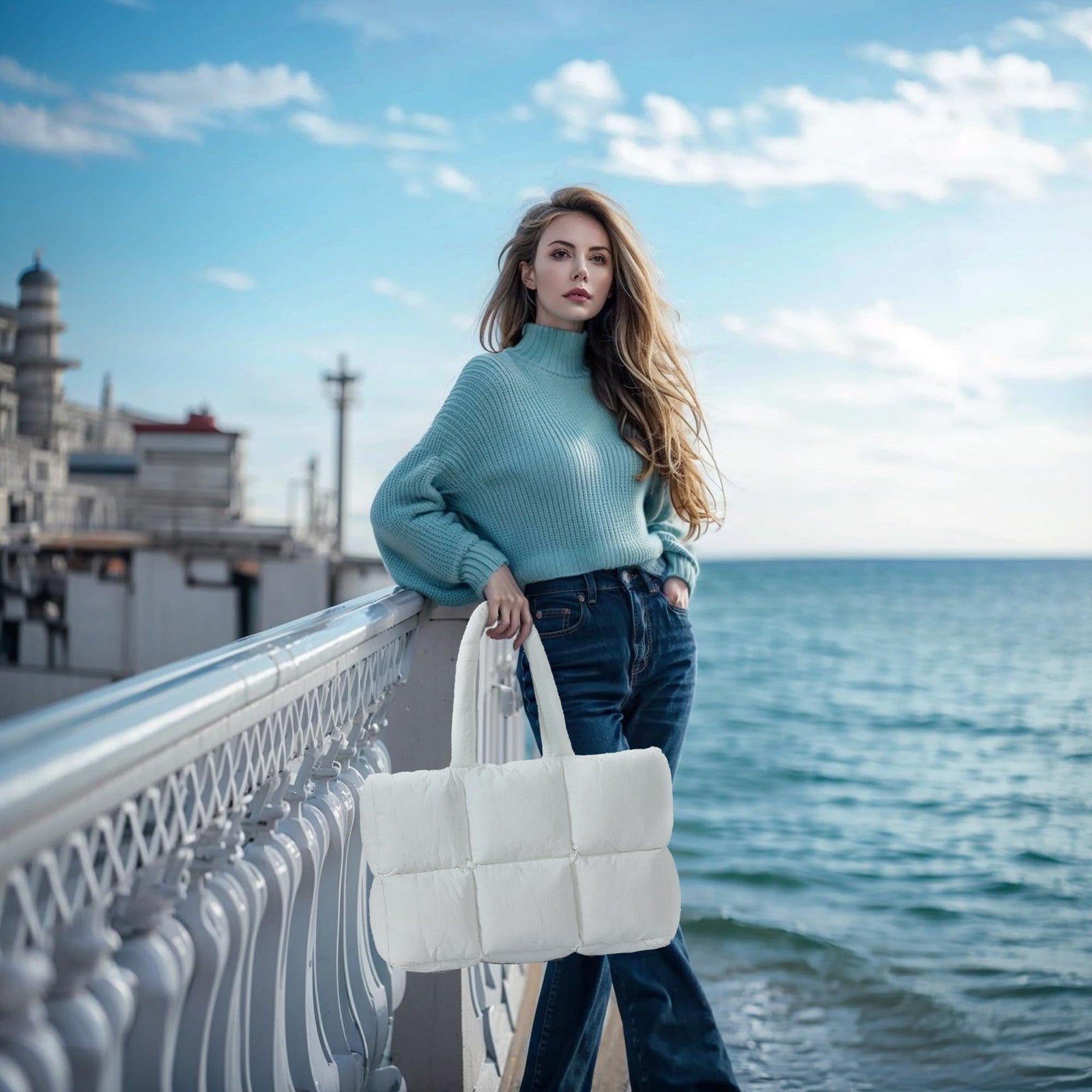Lightweight White Quilted Puffer Tote Bag, Women's Large Handbag