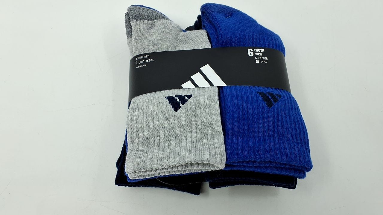 adidas Kids Crew Socks 6-Pack Youth Cushioned Mid-Calf Cool Light Heather Size M