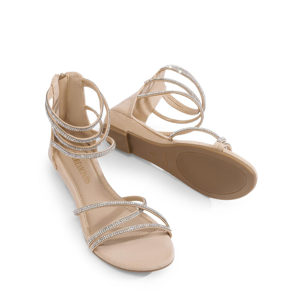 DREAM PAIRS Women's Size 5 Flat Sandals Gladiator Rhinestones Nude