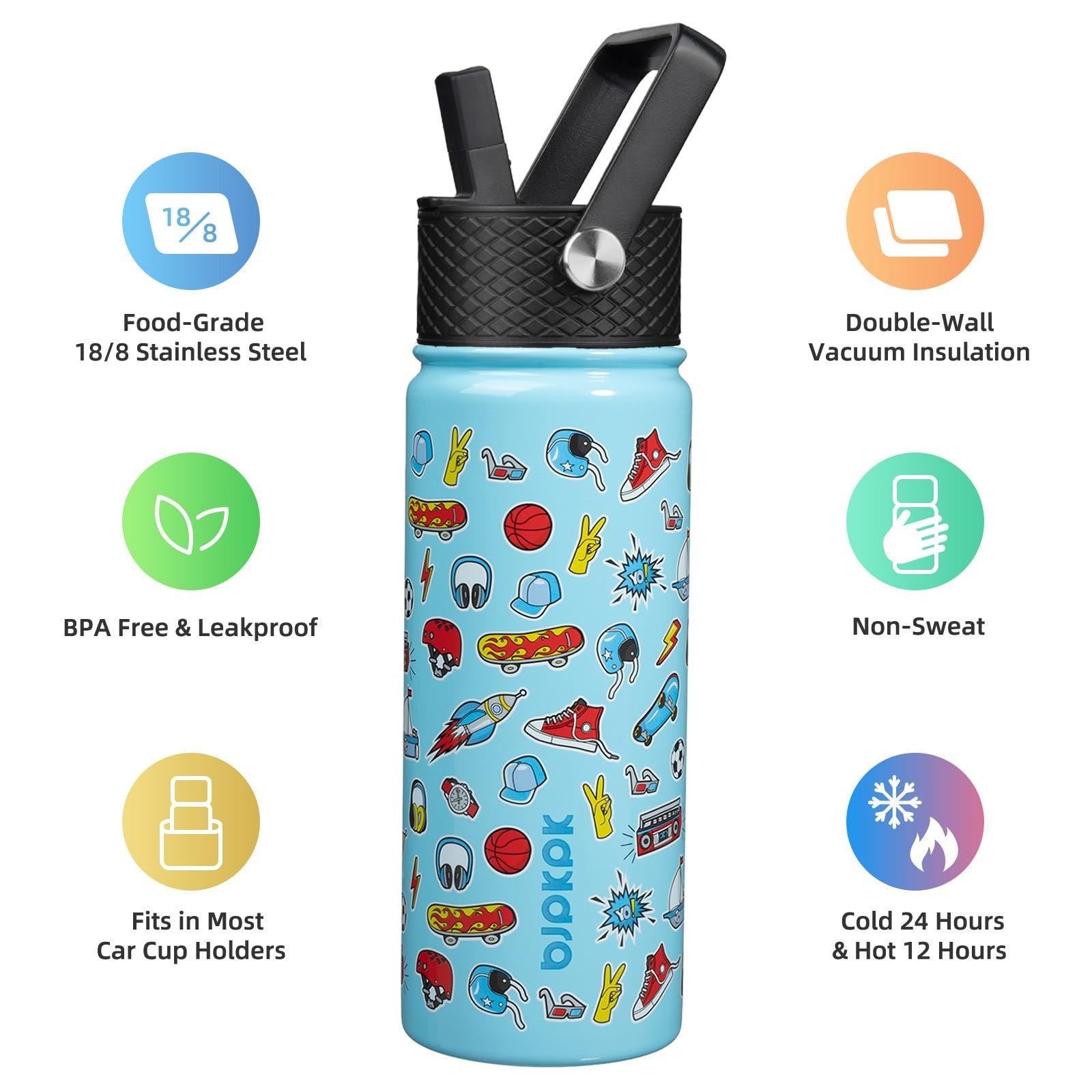 Reusable 18 oz Insulated Water Bottle, Straw Lid, Stainless Steel, BPA Free