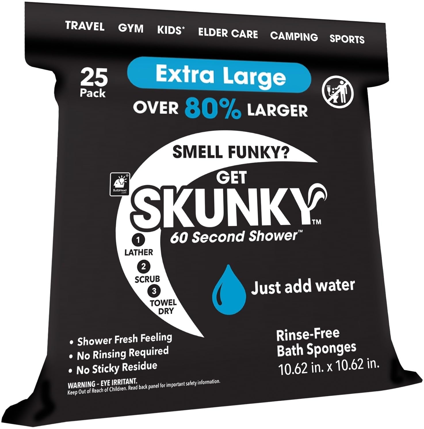 Skunky XL Disposable Bathing Wipes, 25 Count, Rinse-Free & Soap-Infused