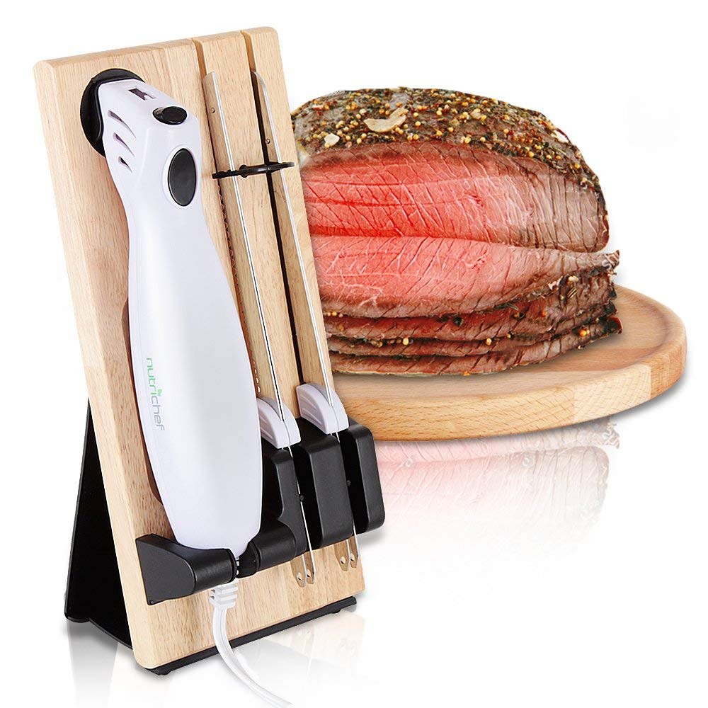 NutriChef Electric Carving Knife Set w/ Blades & Wood Stand - White