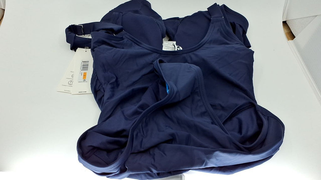 DKNY Women's Ruffle V-Neck One Piece Swimsuit with Tummy Control, Navy, Small