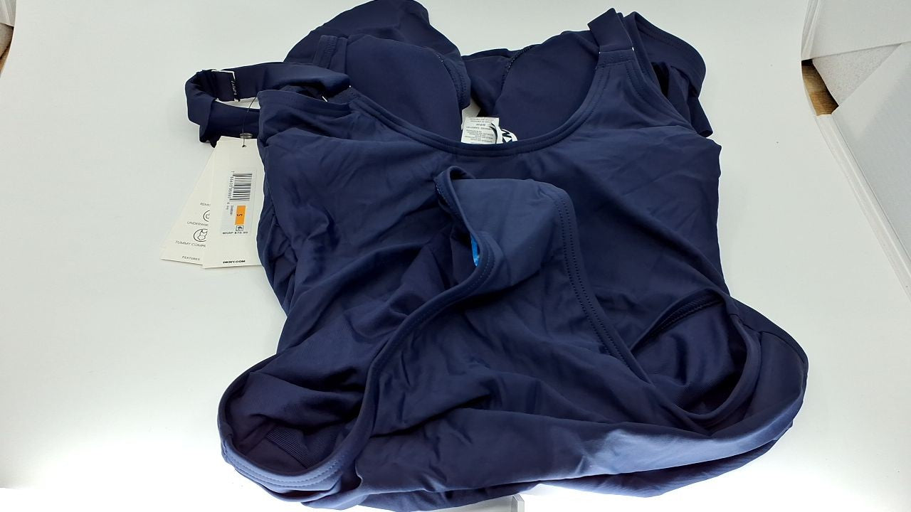 DKNY Women's Ruffle V-Neck One Piece Swimsuit with Tummy Control, Navy, Small