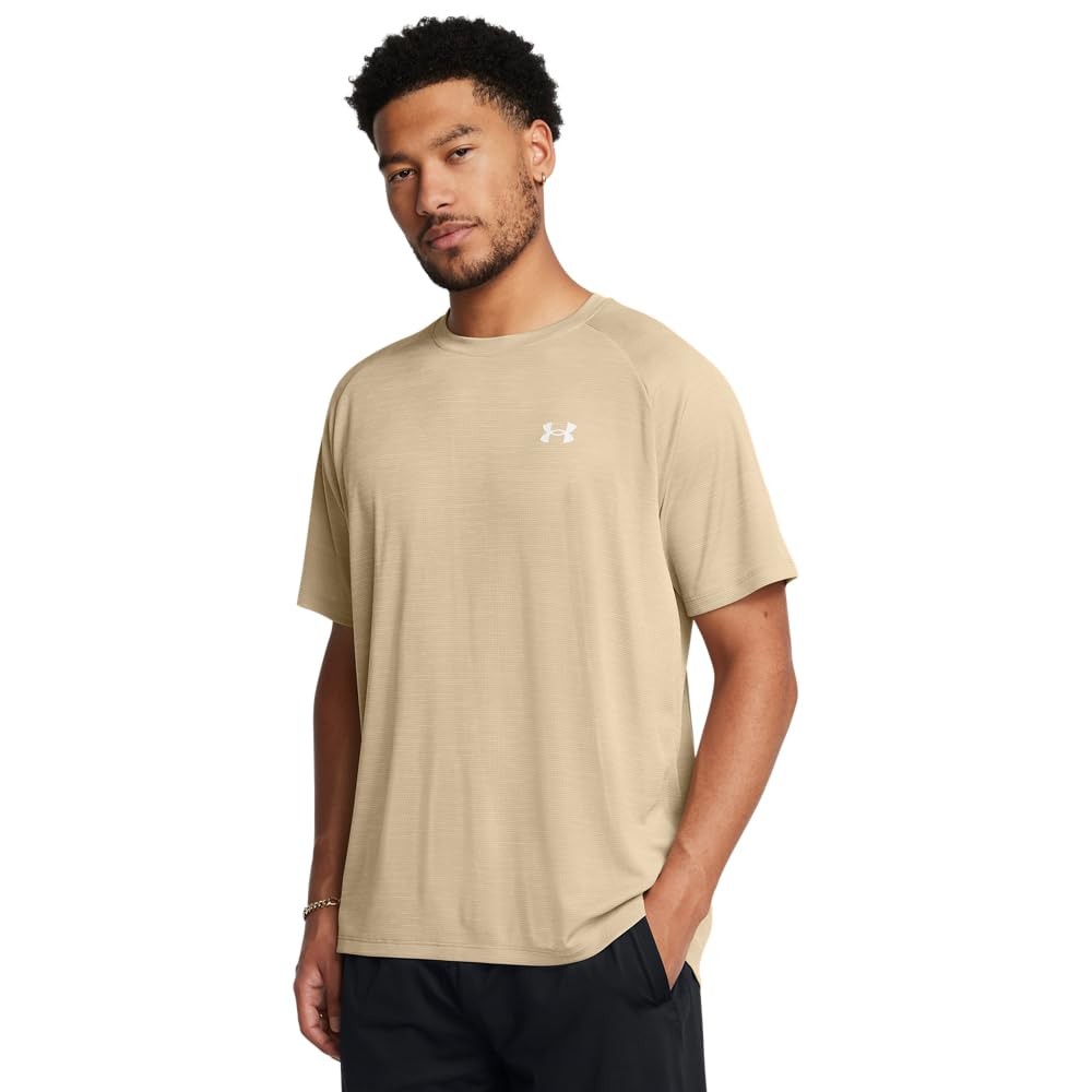 UA Men's Tech Textured Short Sleeve T-Shirt, City Khaki, Large