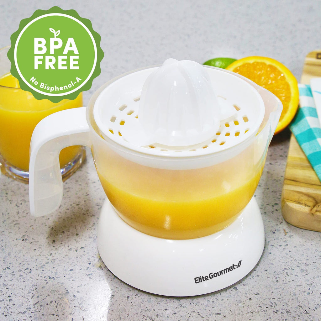 Compact Electric Citrus Juicer, 16 Oz, White, Pulp & Seed Strainer