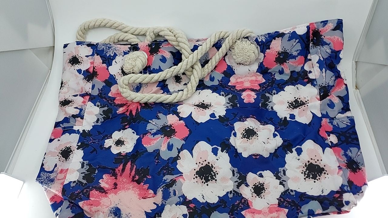 Large Blue & White Beach Tote Bag w/ Zipper Closure & Pockets