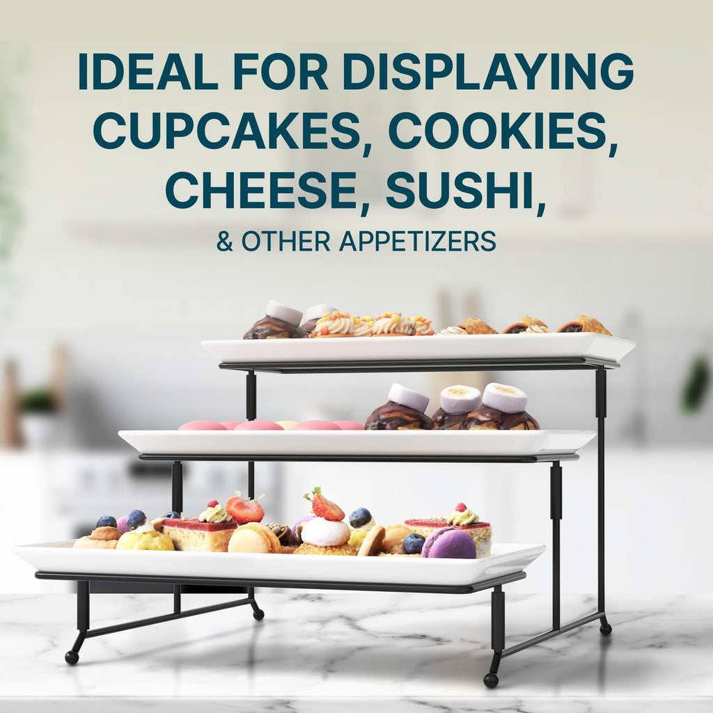Contemporary 3-Tier Serving Tray Set - White Porcelain Plates