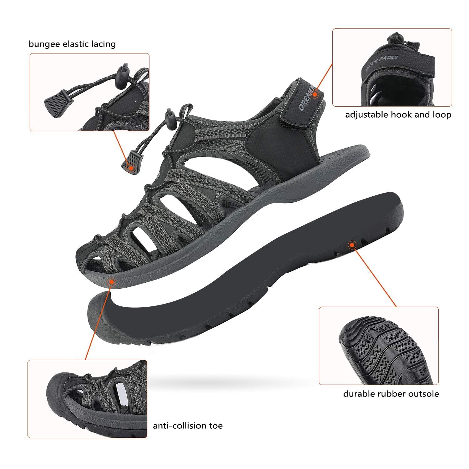 Lightweight Womens Hiking Sandals 5.5 Black/Dark/Grey