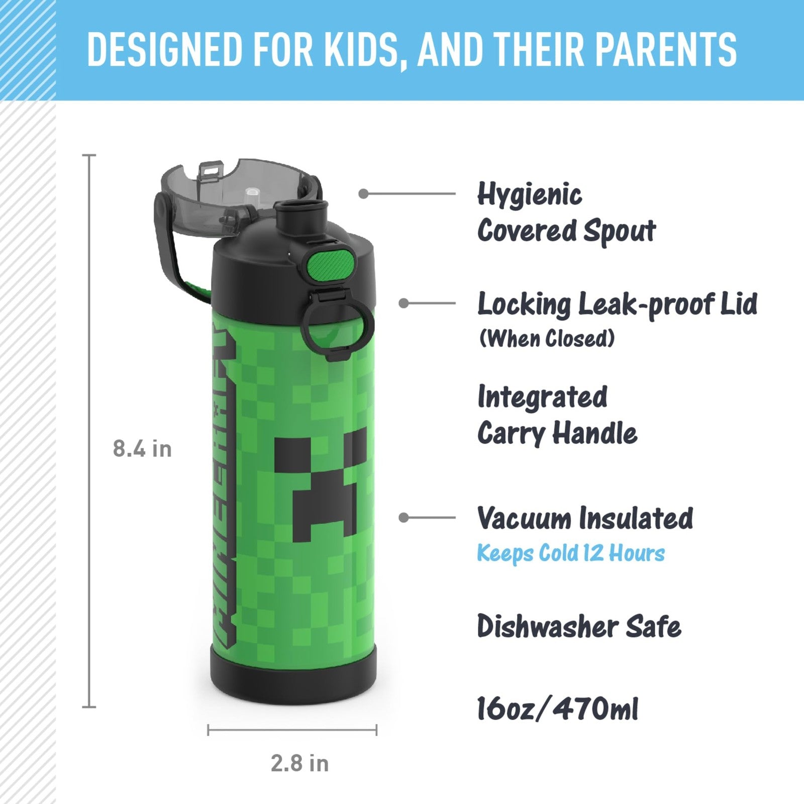 Minecraft THERMOS FUNtainer 16oz Insulated Water Bottle, Stainless Steel