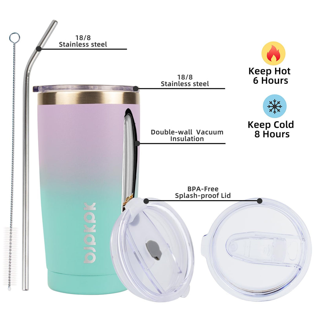 Lavender Green 20oz Insulated Travel Mug w/ Lid & Straw, Stainless Steel