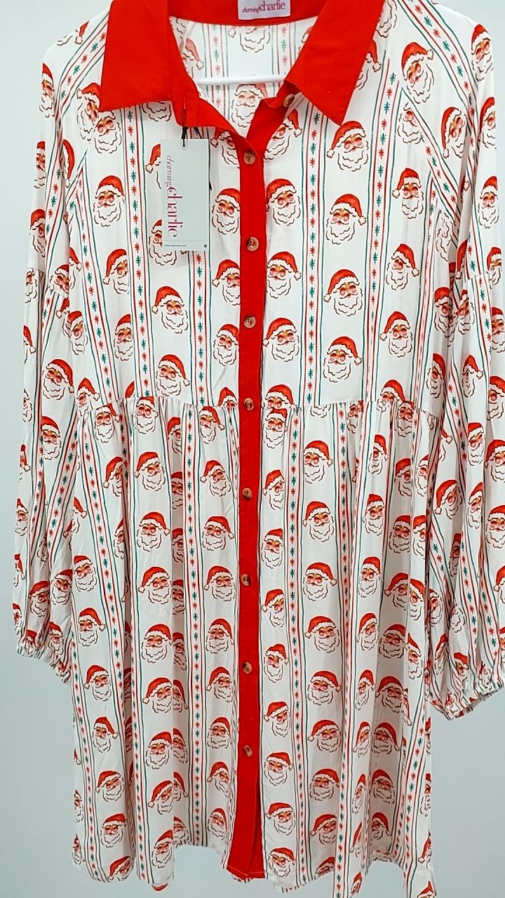 Christmas Santa Print Button Front Mini Dress