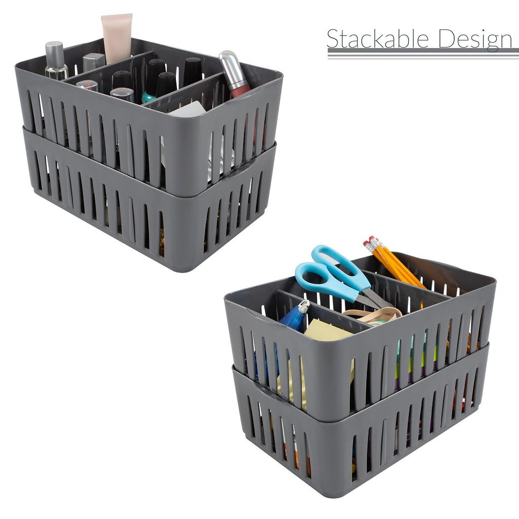 3 Compartment Storage Bins - Stackable Drawer Organizer - Grey