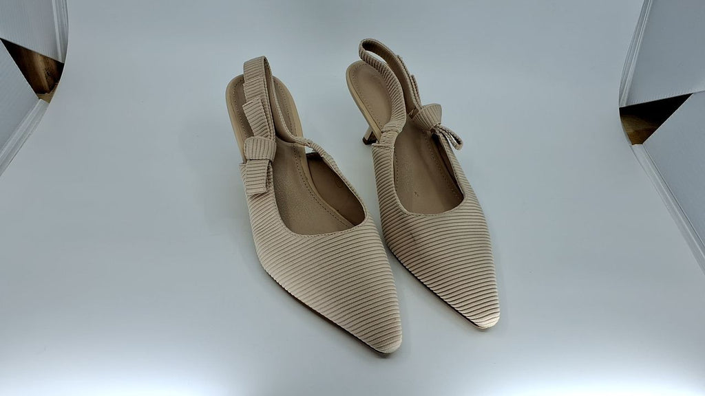 Womens Closed Toe Kitten Heels Pumps, Beige Bowknot, Size 8.5