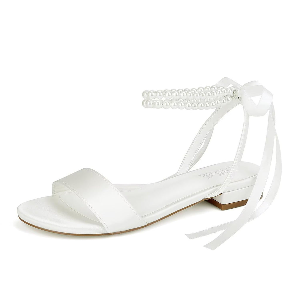 Bridal Satin Flats Sandals, Open Toe, Pearl Detail, Ivory, Size 8.5