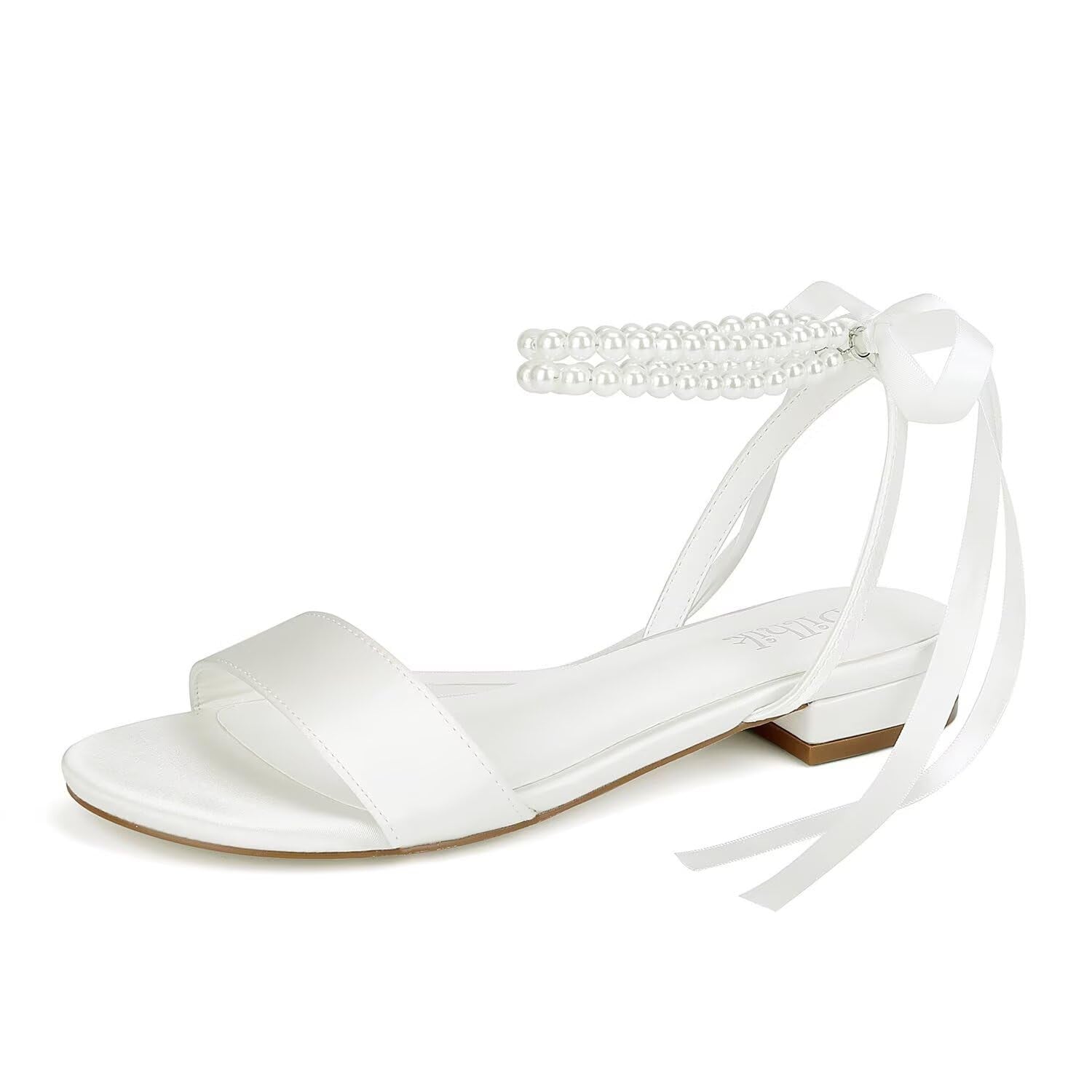 Bridal Satin Flats Sandals, Open Toe, Pearl Detail, Ivory, Size 8.5