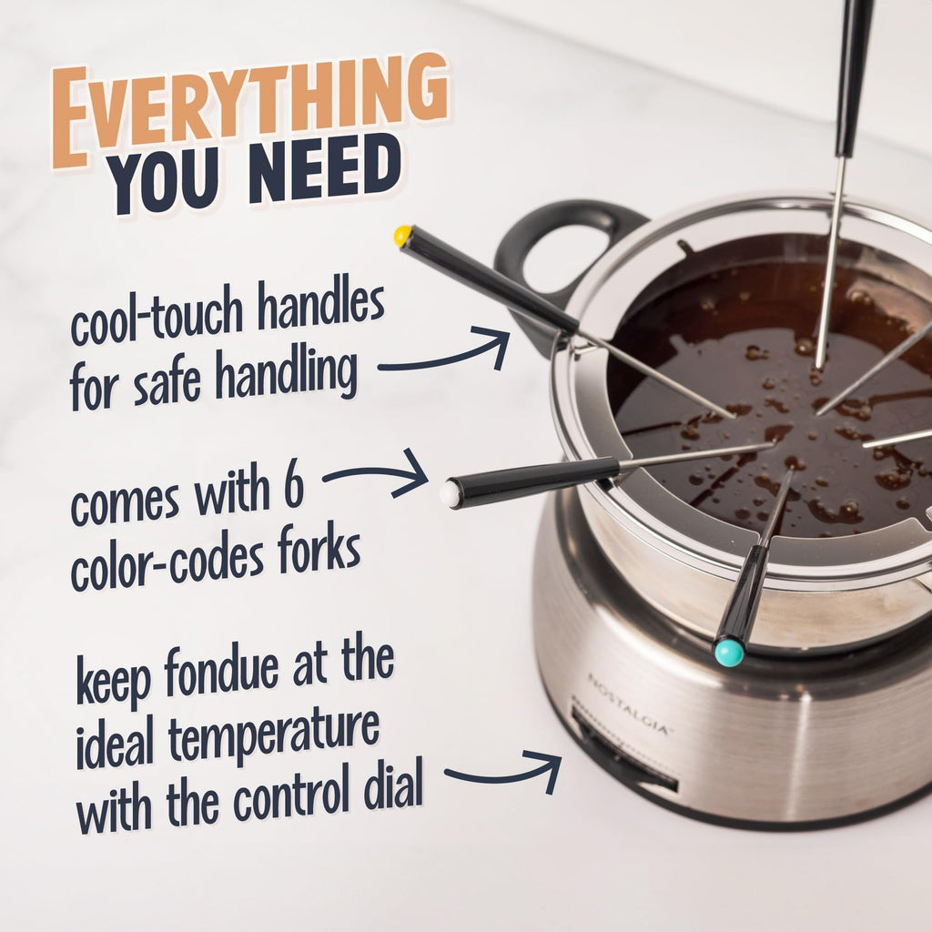Nostalgia 6-Cup Electric Fondue Pot Set w/ Color-Coded Forks, Stainless Steel