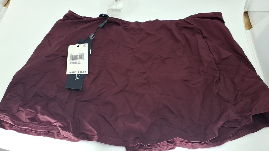 Island Goddess Asymmetrical Skirted Swimsuit Bottom, Size 12, Dark Cherry