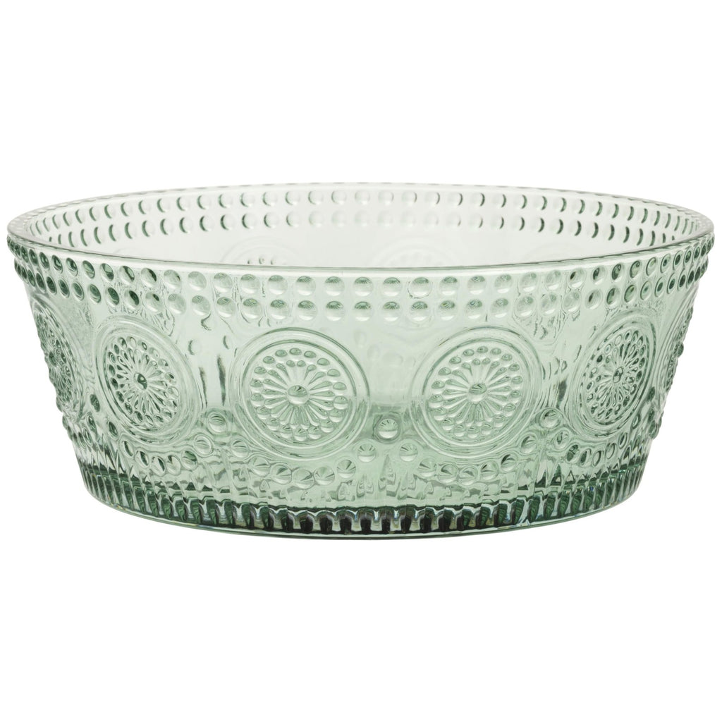 7in Sage Green Glass Bowl w/ Floral Pattern for Dining & Entertaining