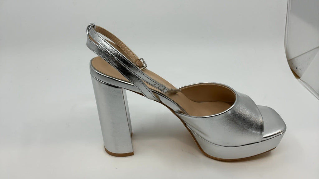 Silver Chunky Heeled Platform Sandals, 4.7 In, Size 8.5, Open Toe