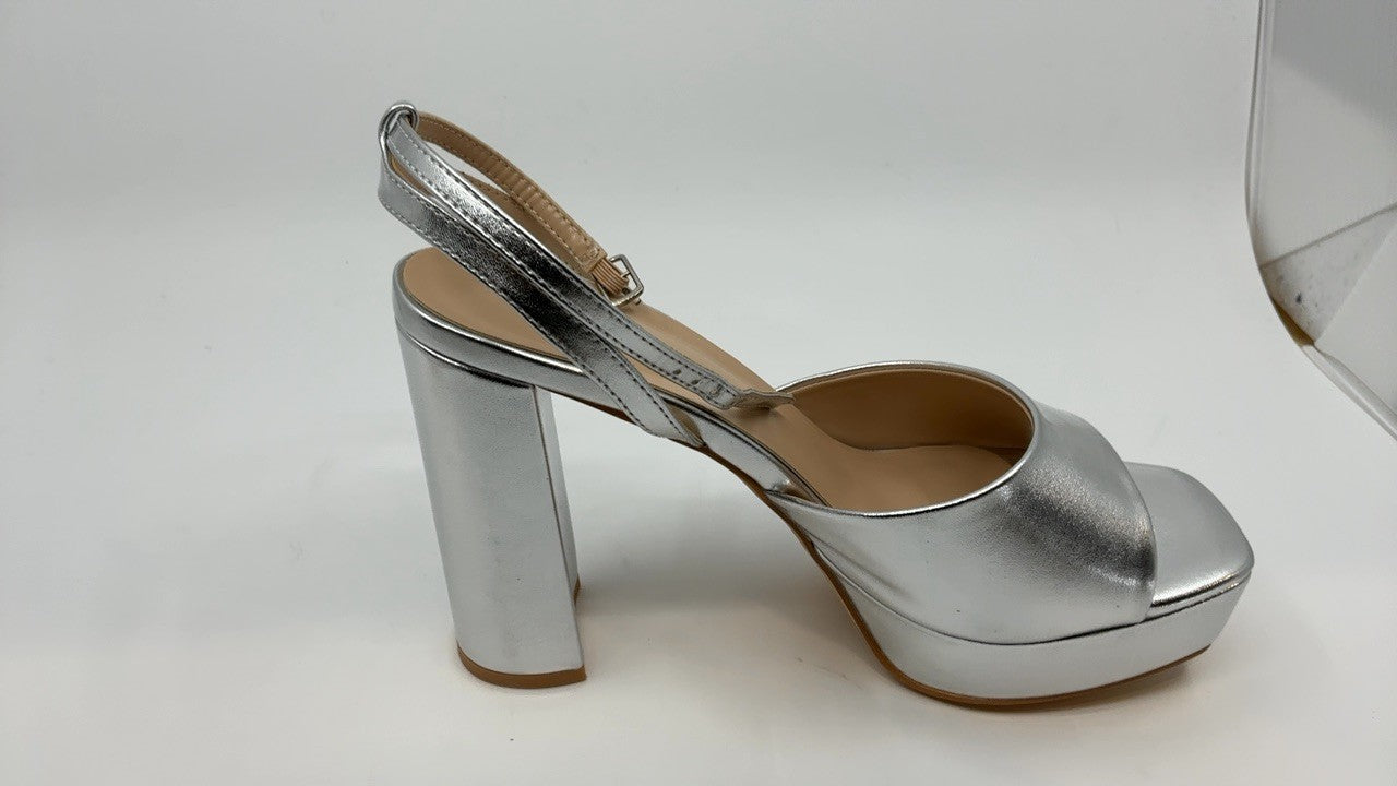 Silver Chunky Heeled Platform Sandals, 4.7 In, Size 8.5, Open Toe
