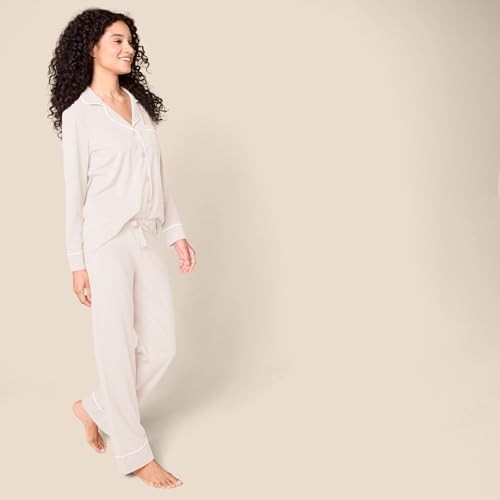 Pale Pink Cotton Modal Pajama Set, Long Sleeve Top & Full-Length Pants, S