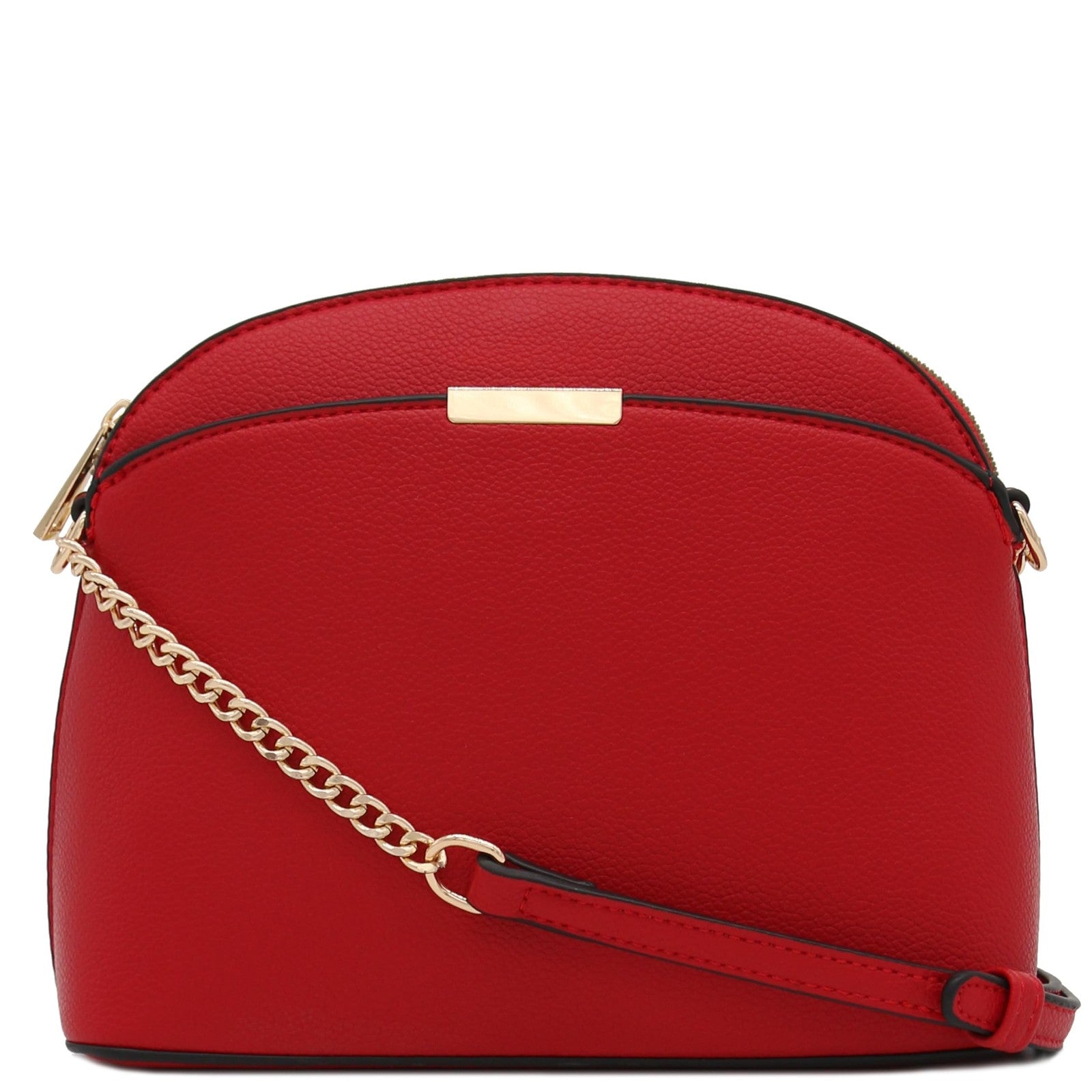 Faux Leather Solid Small Dome Crossbody bag with Chain Strap (Red)