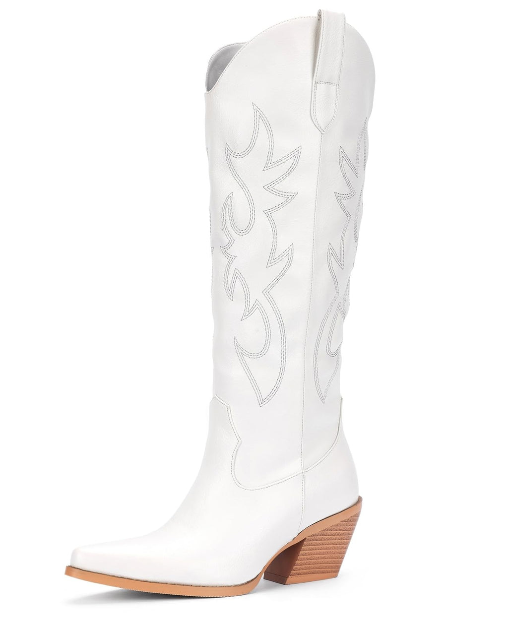 Embroidered White Cowboy Boots for Women, 8 Wide, Chunky Heel, Knee High