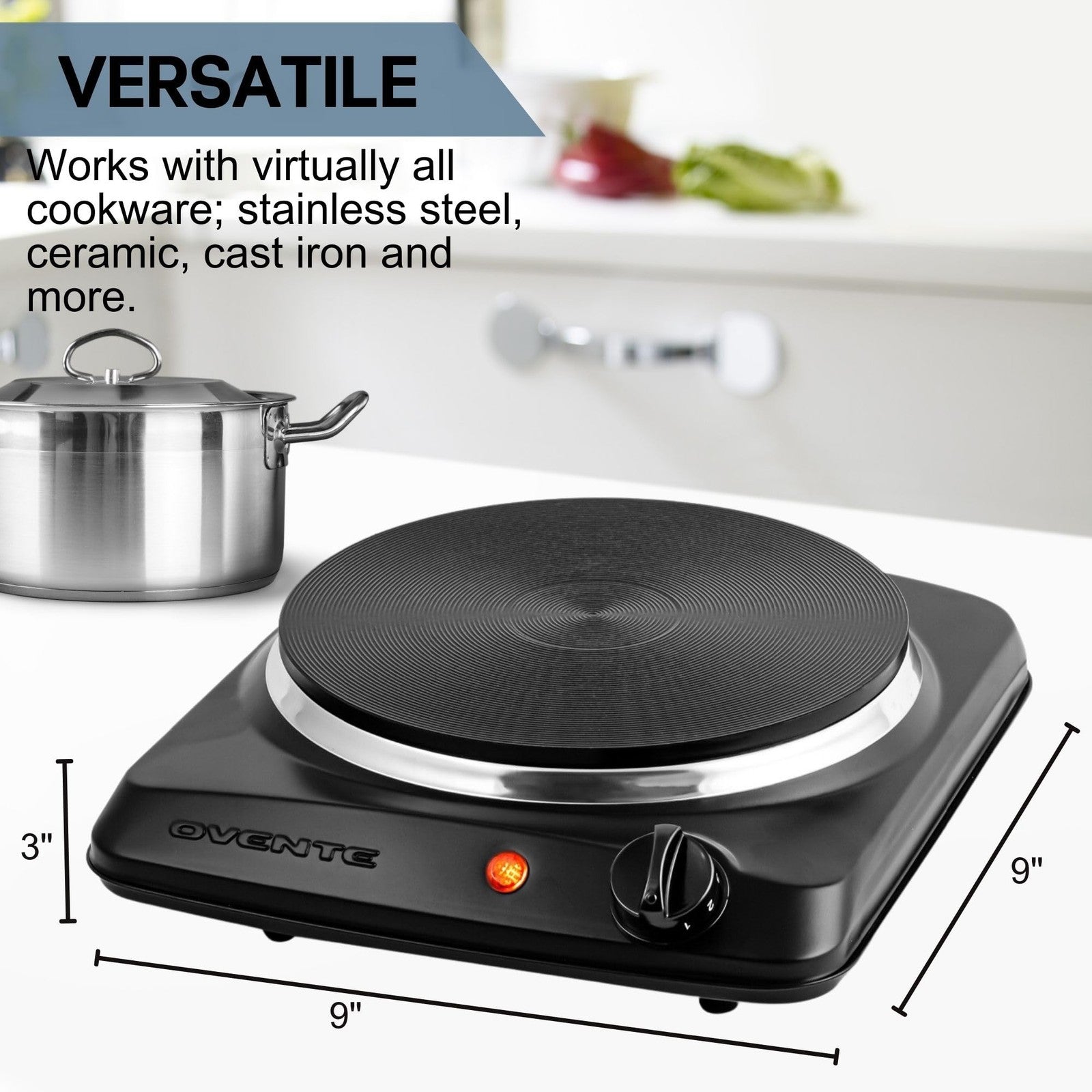 Portable 1000W Electric Cooktop w/ Cast Iron Plate, 5 Temp Levels, Black