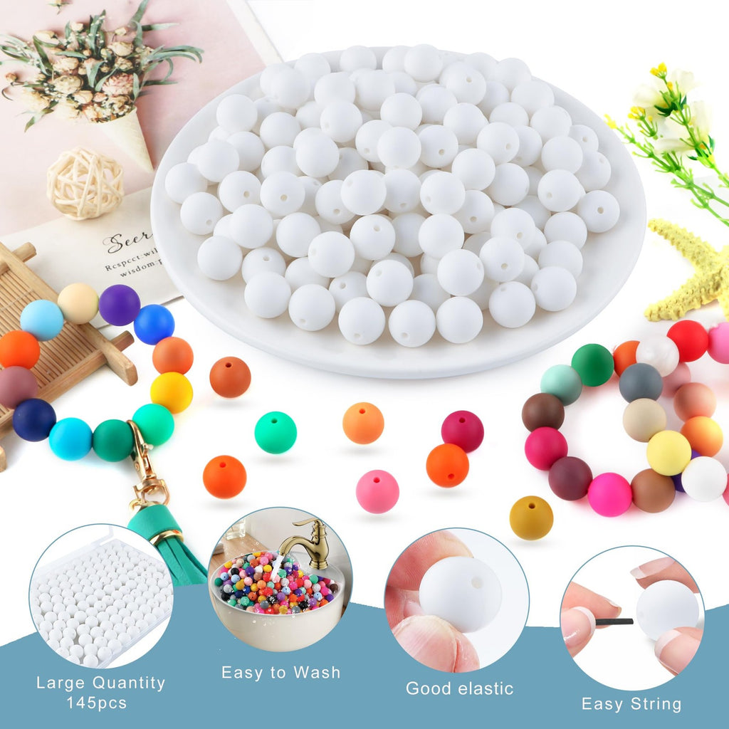 145pcs Silicone Beads 15mm in White - Ideal for Keychains & Bracelets