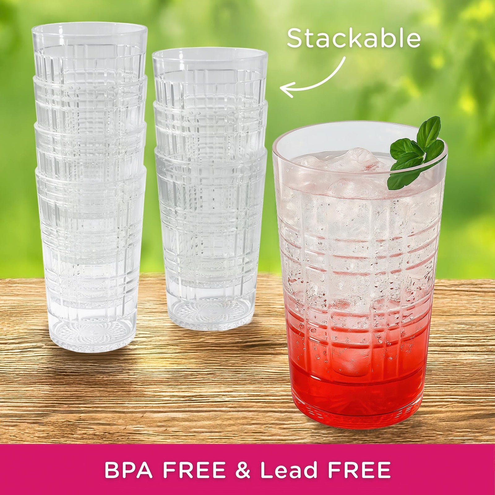 Clear Plaid Acrylic Drinking Glasses Set of 8 - 22oz Tumblers, BPA-Free