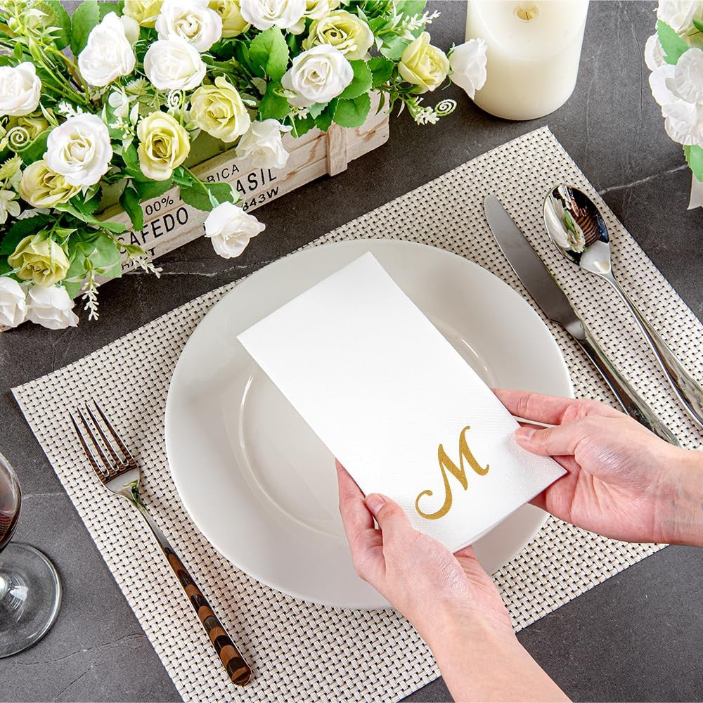 Luxenap 15.8x7.9 In Gold Letter M White Paper Napkins, 50 Count