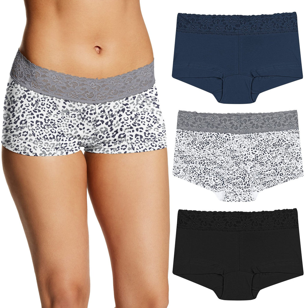 Maidenform Women's Boyshort Panty Pack, Lace Cotton, Navy/Grey/Black, L