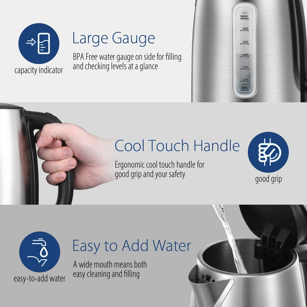 Stainless Steel Electric Kettle, 1.7L, 1500W Fast Boil & Boil-Dry Protection