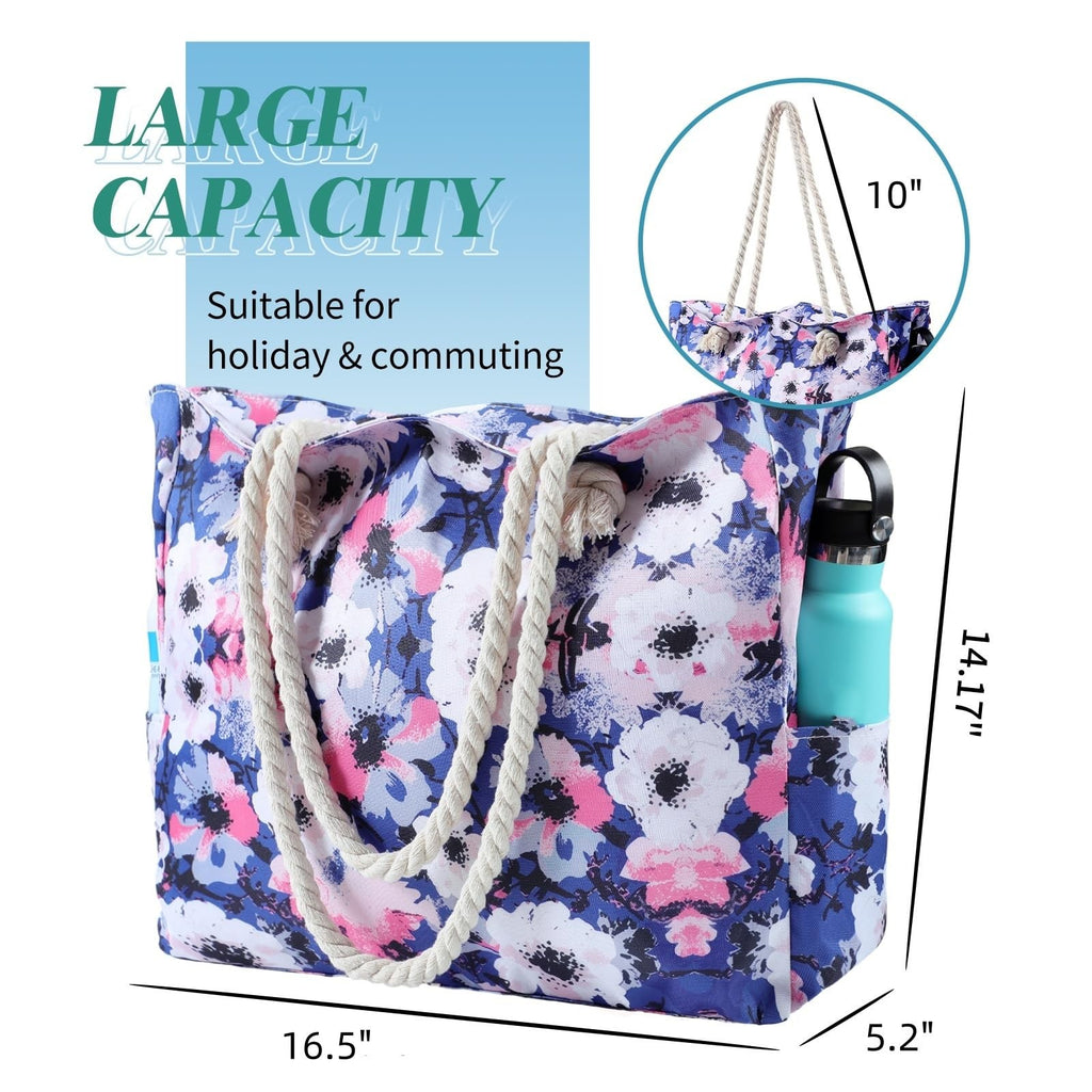 Large Blue & White Beach Tote Bag w/ Zipper Closure & Pockets