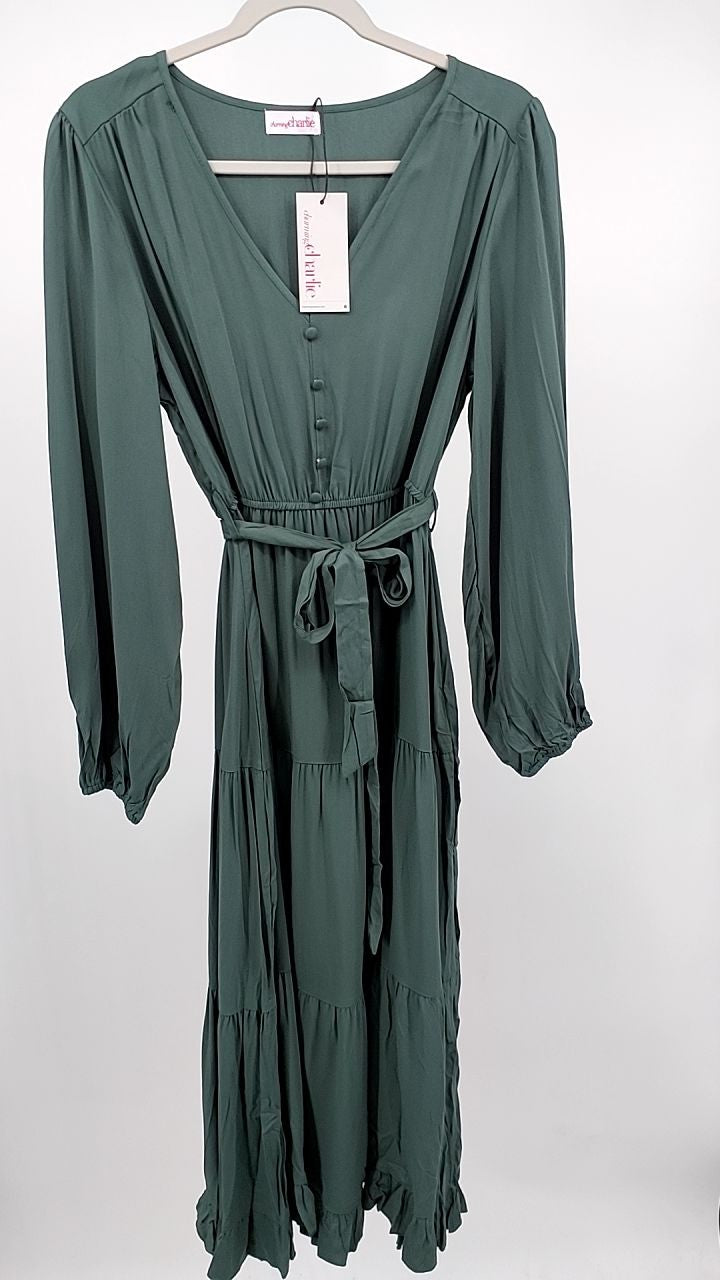Ruffled Hem V-Neck Balloon Sleeve Dress
