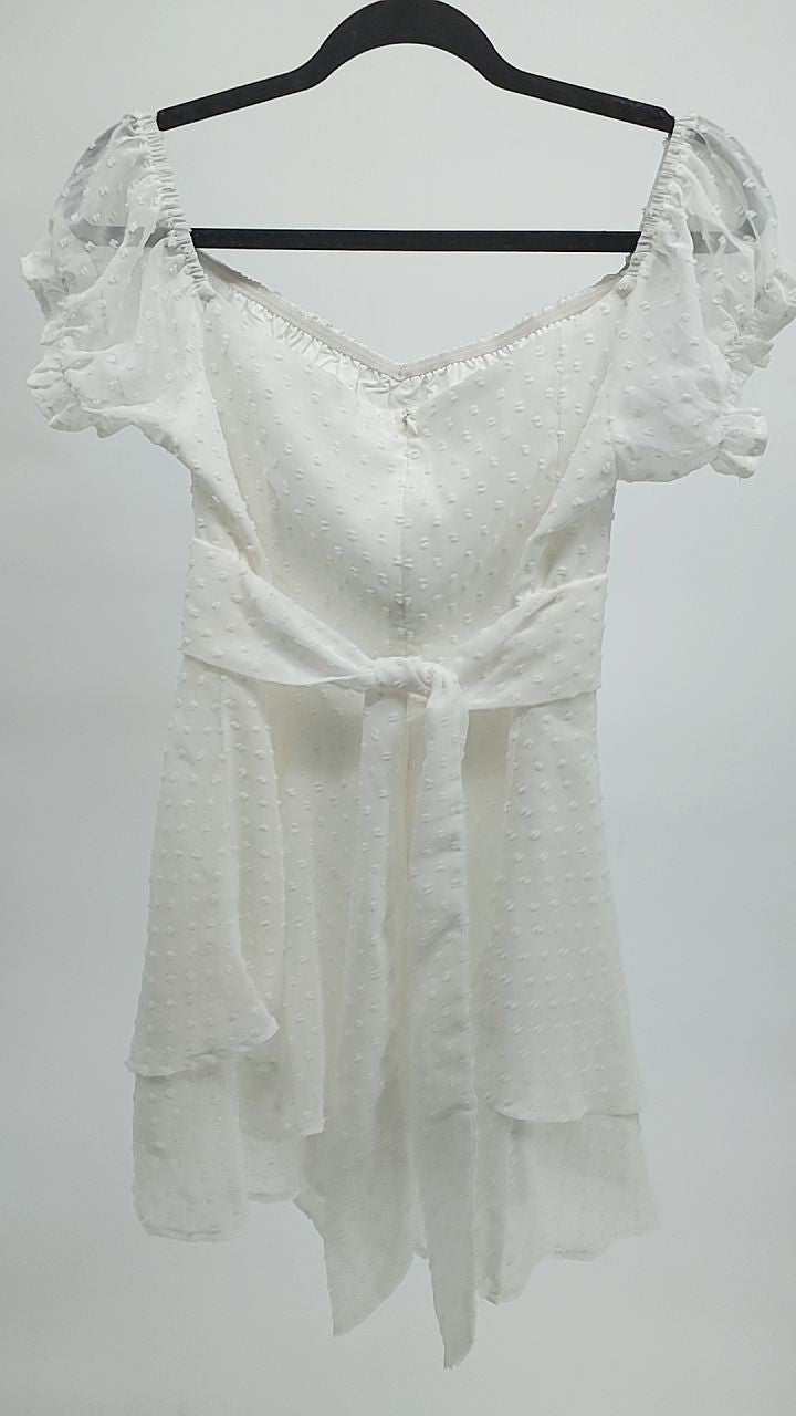 Women Summer Ruffle Romper Puff Sleeve Swiss Dot Jumpsuit White L
