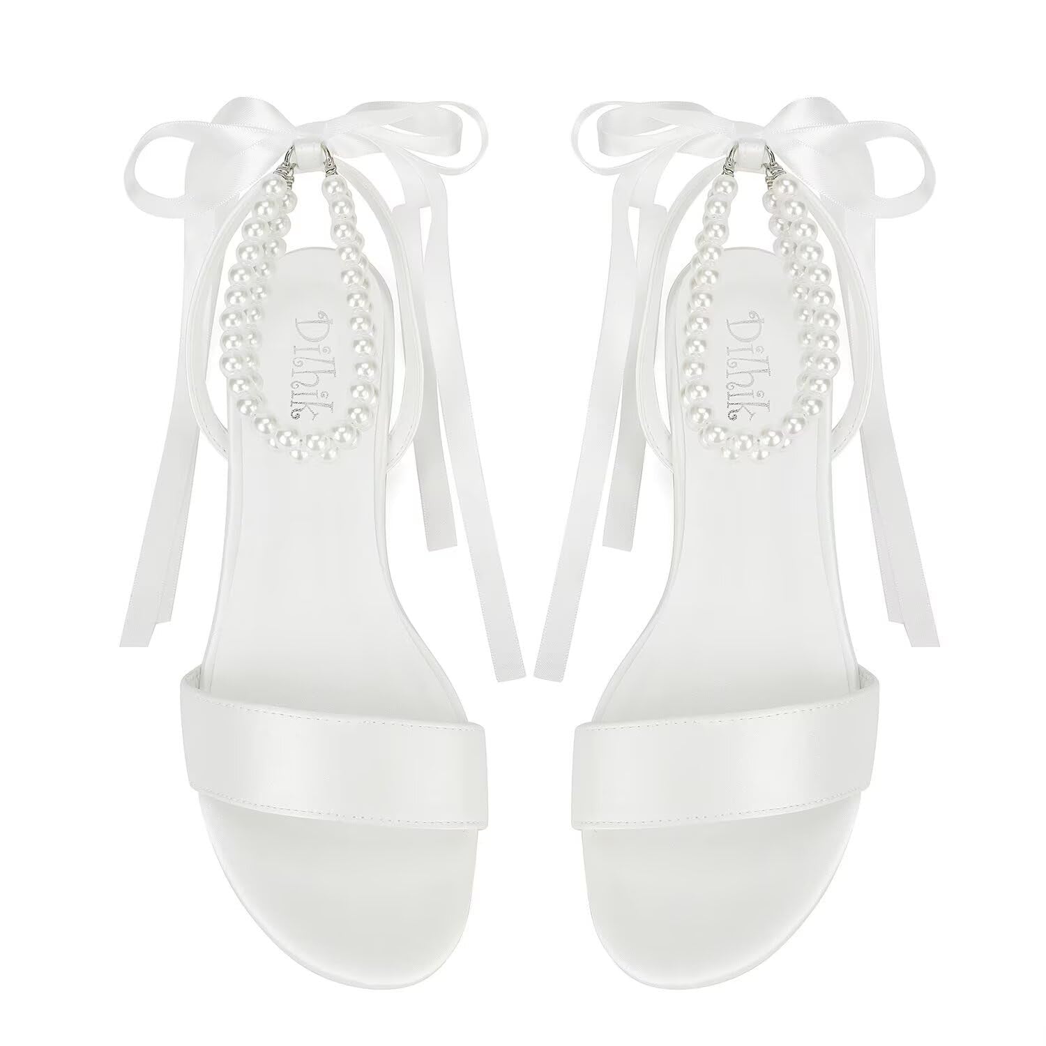 Bridal Satin Flats Sandals, Open Toe, Pearl Detail, Ivory, Size 8.5