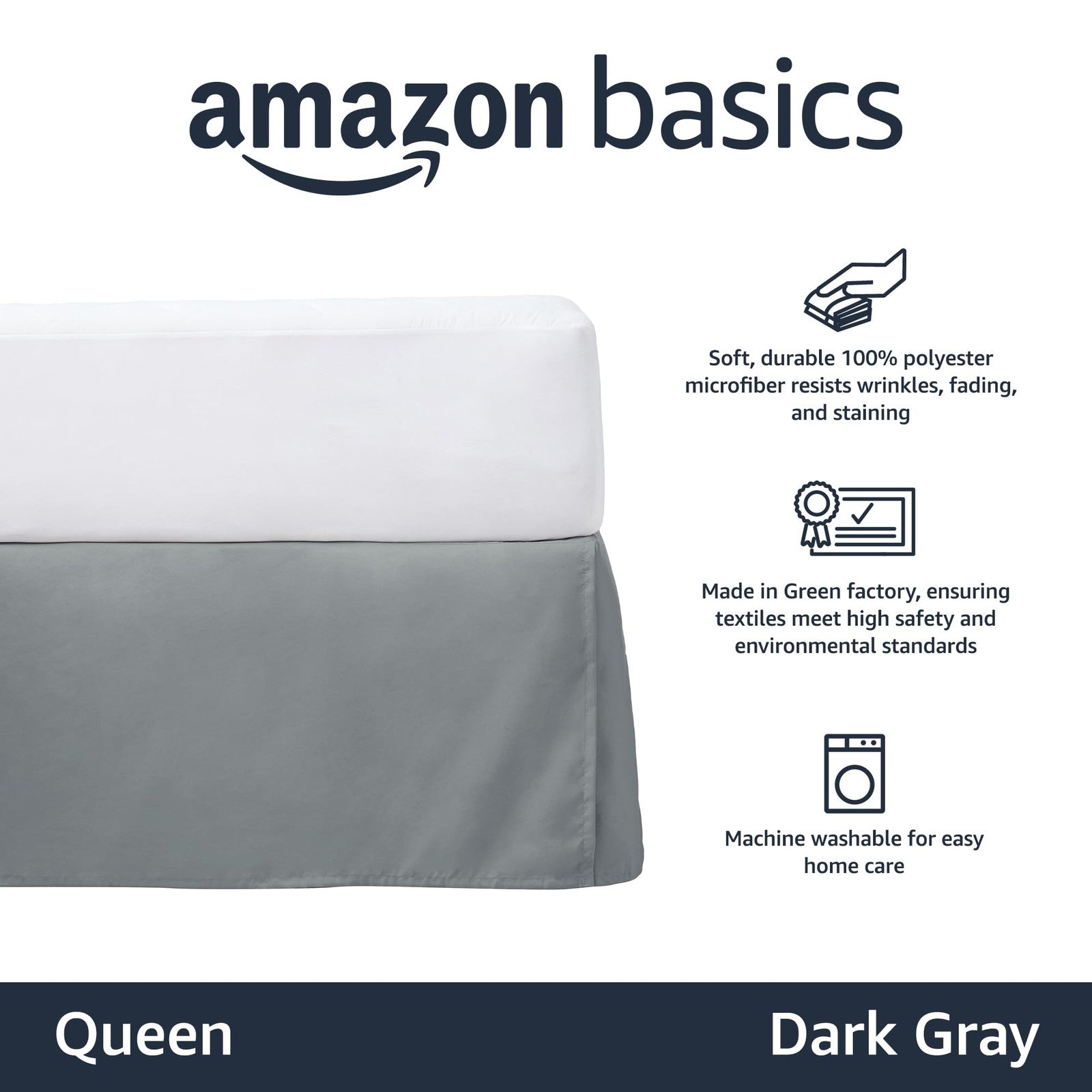 Amazon Basics Lightweight Pleated Bed Skirt, Queen, Dark Grey, Solid