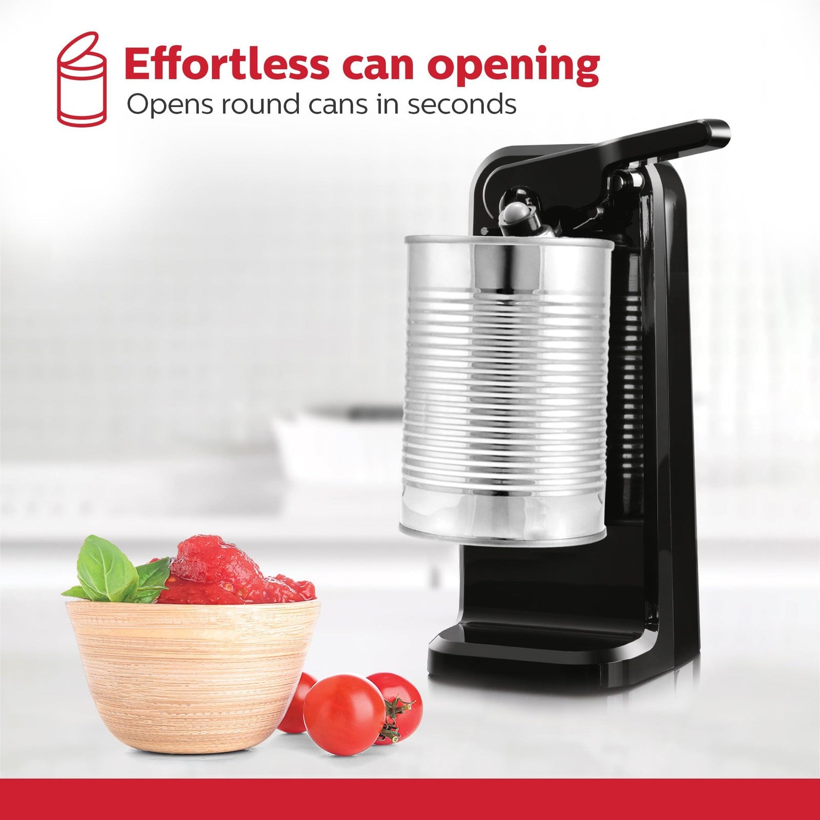 Black Electric Can Opener, Auto Shutoff, Easy Push Down Operation