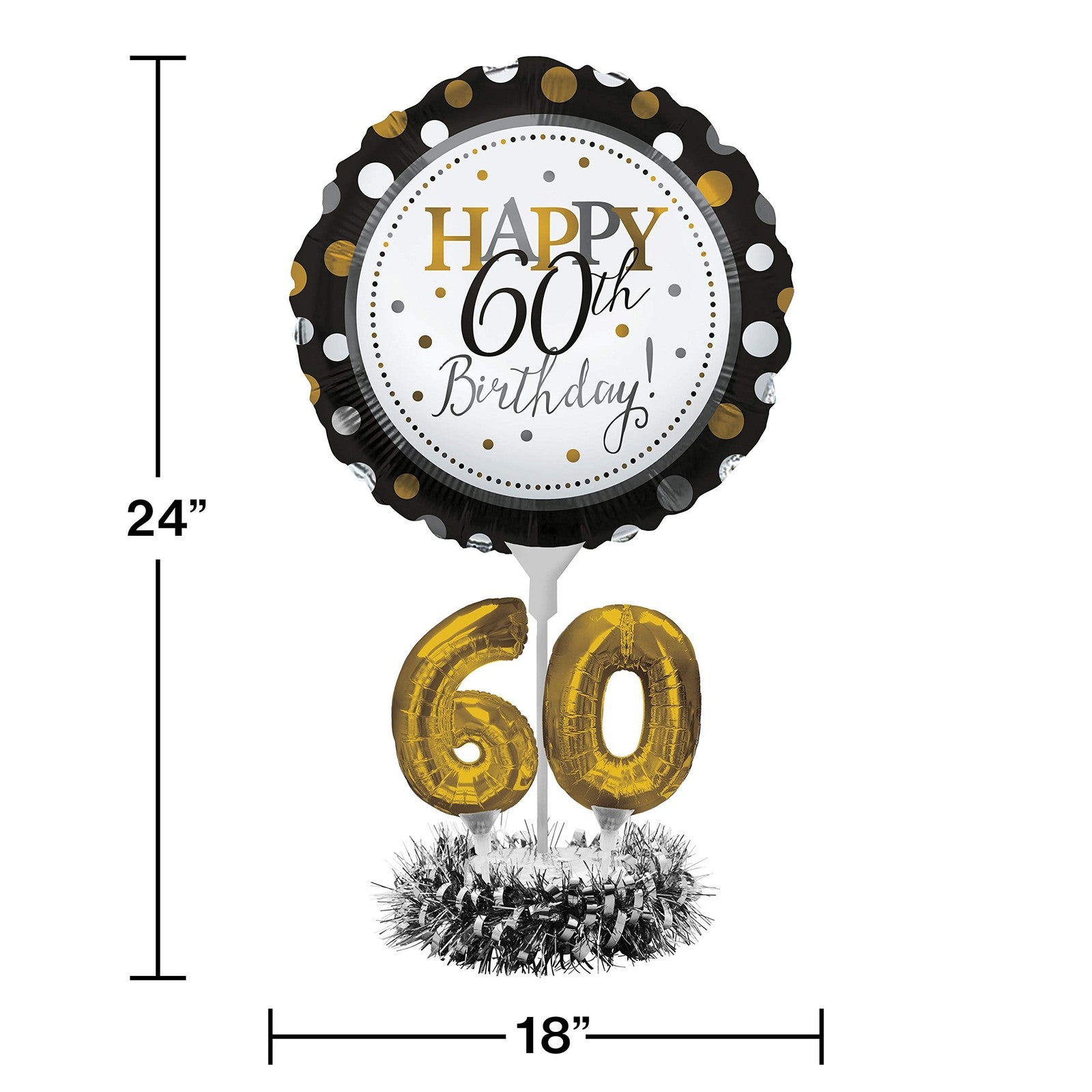 60th Birthday Balloon Centerpiece Black & Gold Mylar Decoration