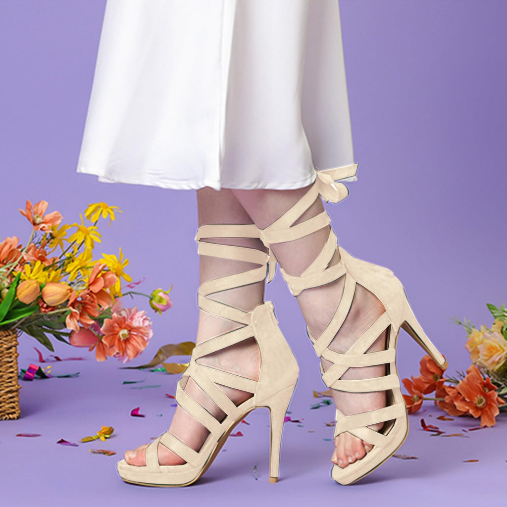 Perphy Strappy Platform Lace Up Stiletto Heels Beige Sandals for Women 8.5 M US