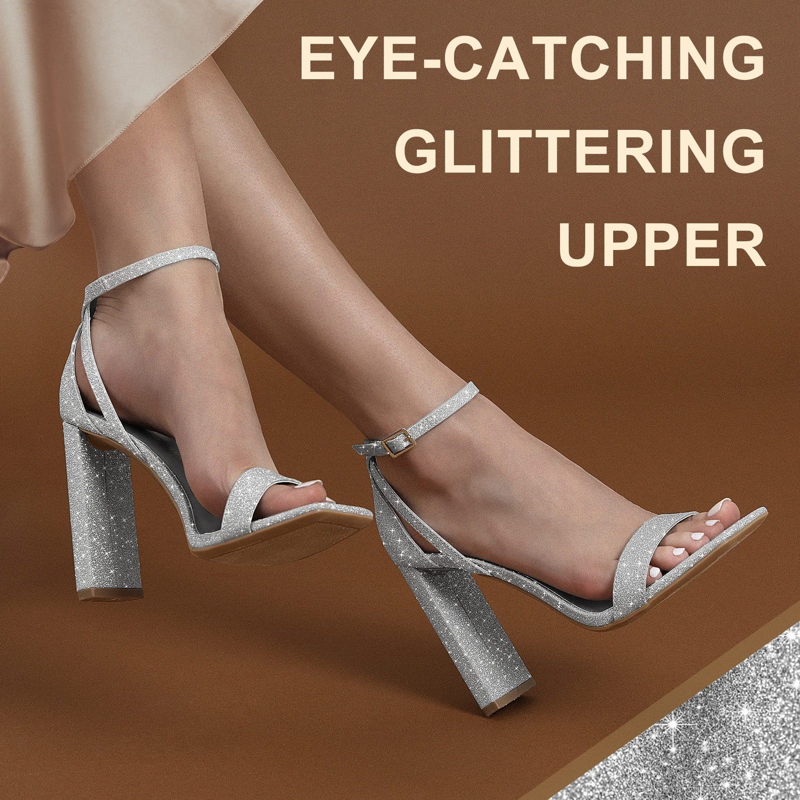 Chunky Block Square Toe Heels Sandals, Size 5.5, Silver