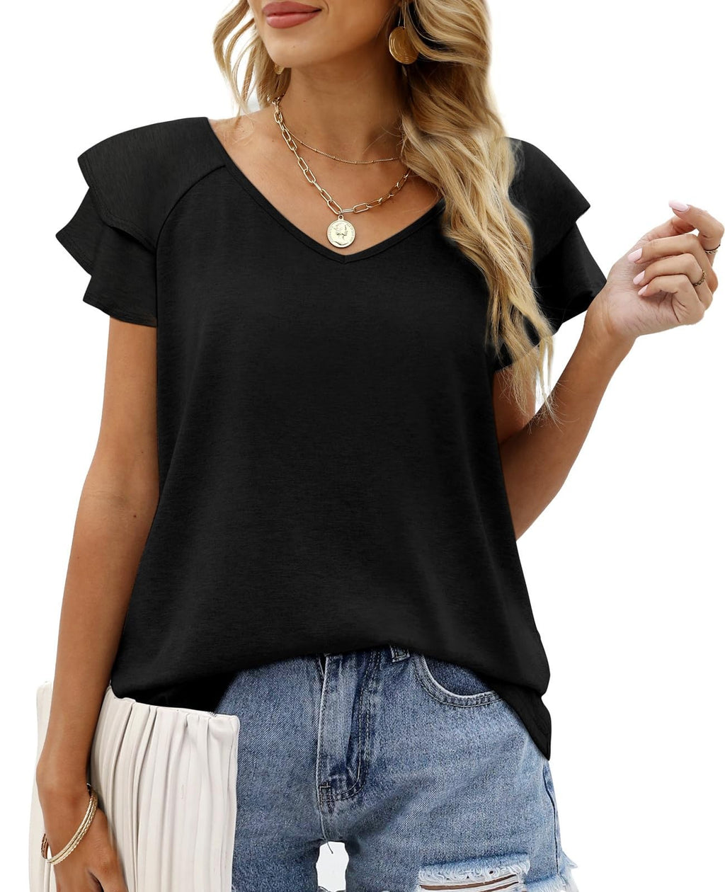 Womens V Neck Black Ruffle T-Shirt, Short Sleeve, Size L