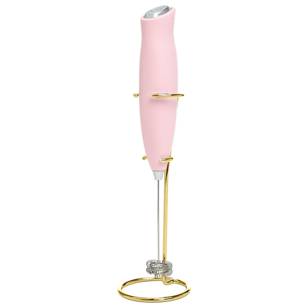 Battery Powered Milk Frother, Pink Handheld w/ Gold Stand & Coil Head