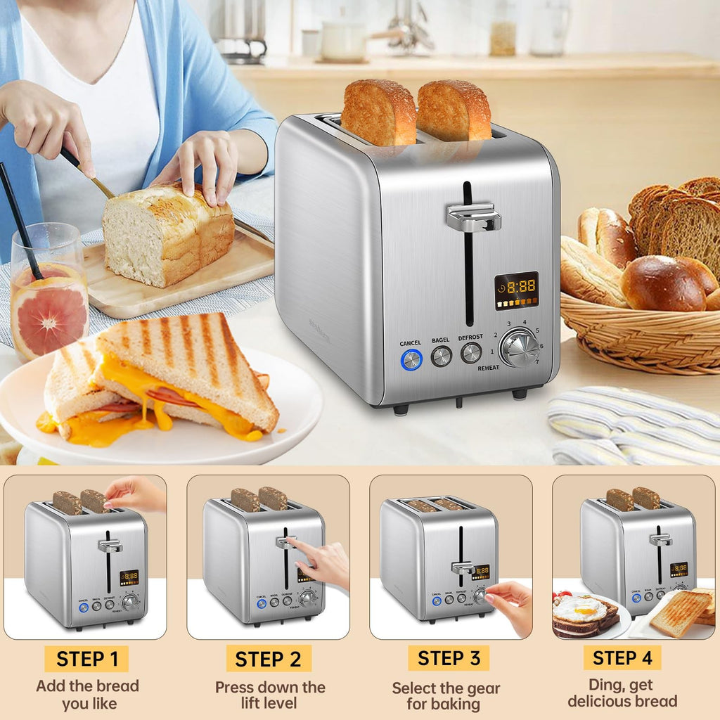 Modern 2 Slice Toaster 900W Silver Metallic w/ Bagel & Defrost Functions