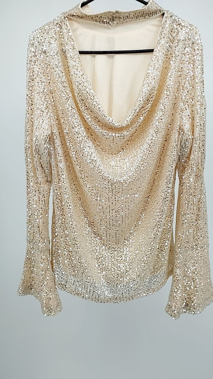 Sequin Mock Neck Bell Sleeve Top