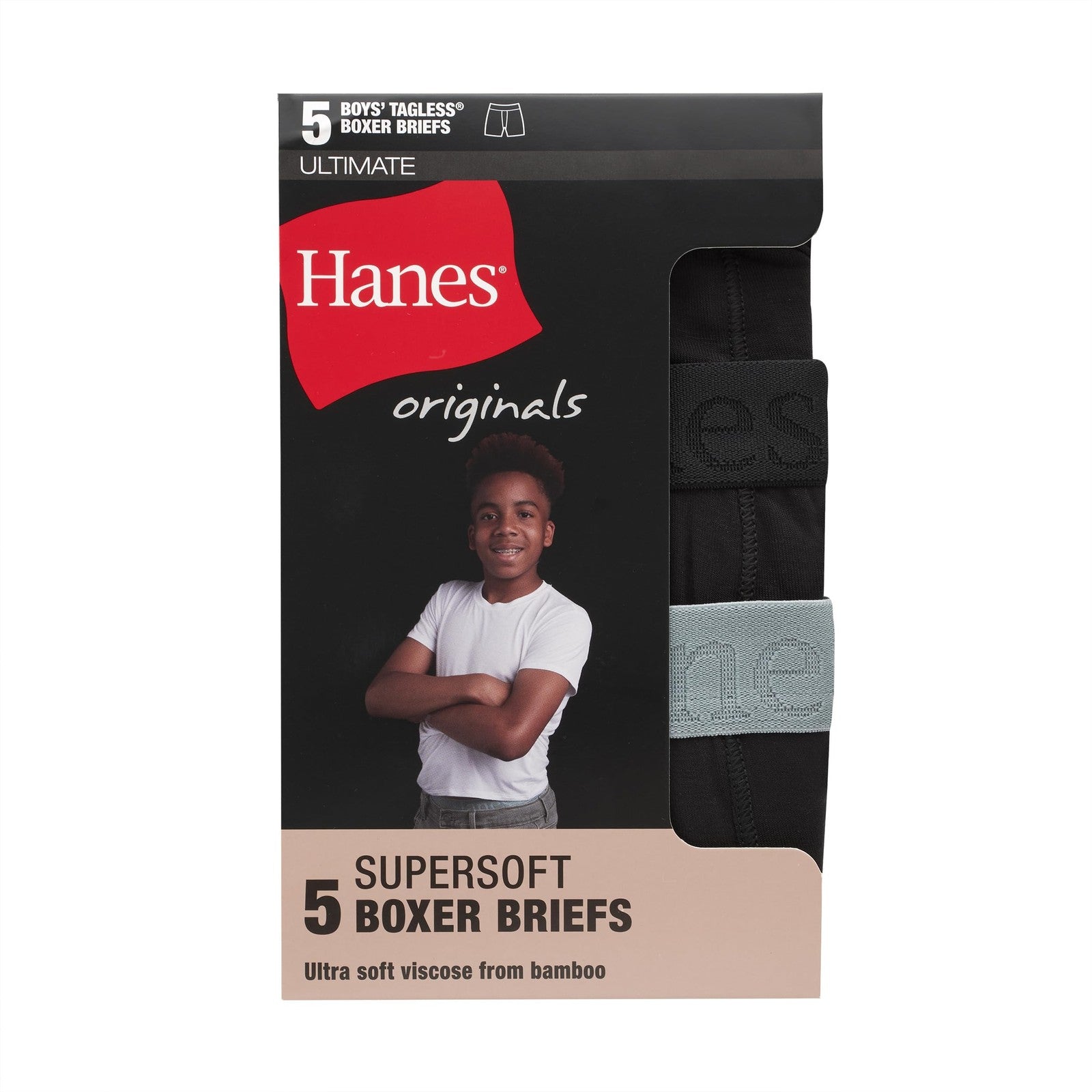 Hanes Ultimate Boys' Boxer Briefs, Black, 5-Pack, Moisture-Wicking